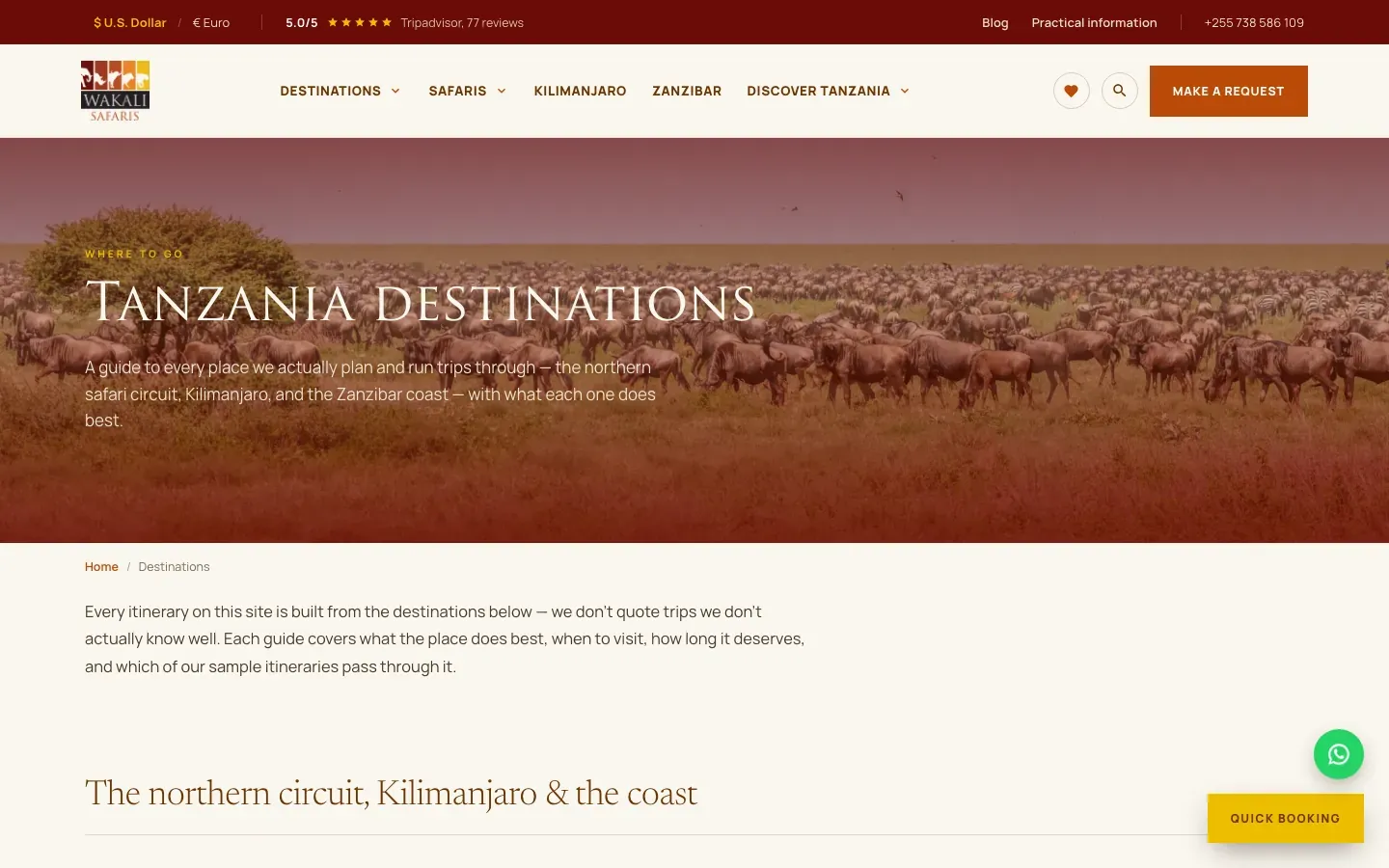 Destinations page