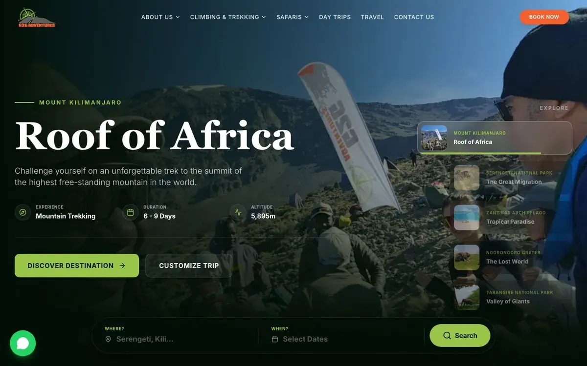 G2G Adventures website homepage preview