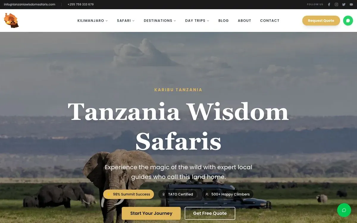 Tanzania Wisdom Safaris website homepage preview