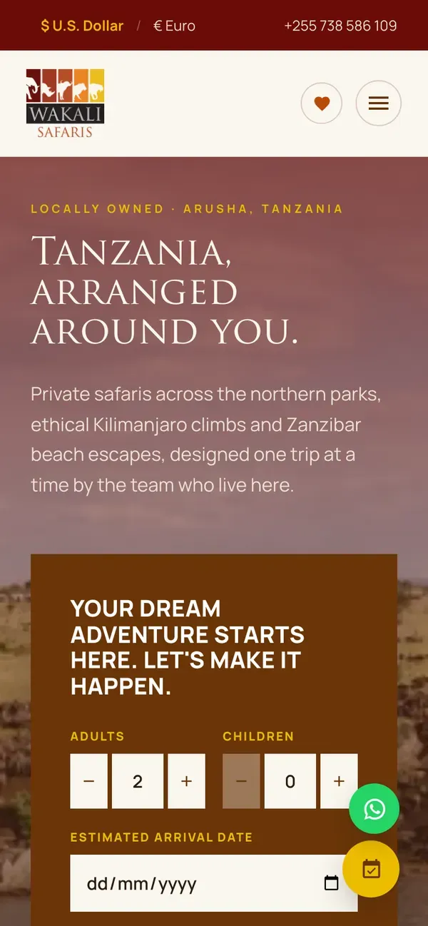 Wakali Safaris website on a phone
