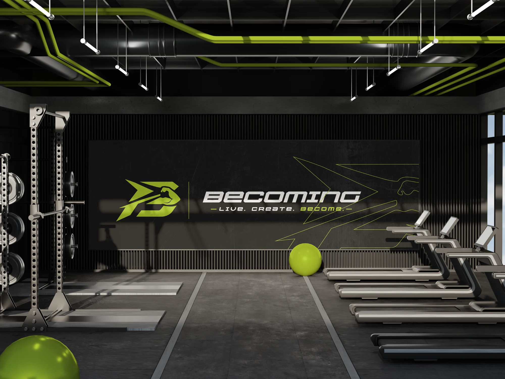 Becoming identity applied to a gym interior