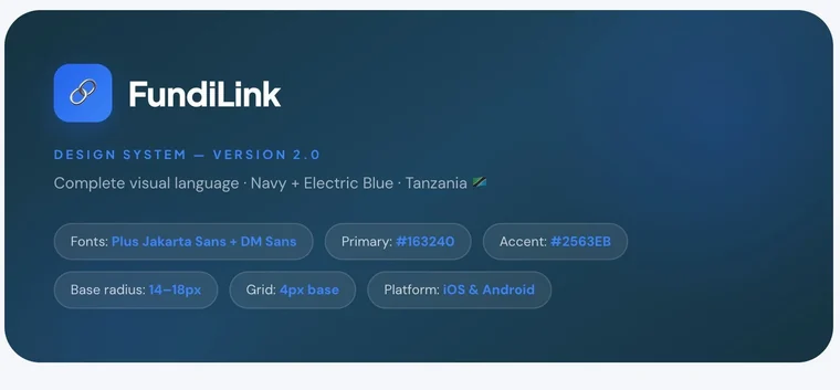 FundiLink design system overview with navy and electric blue