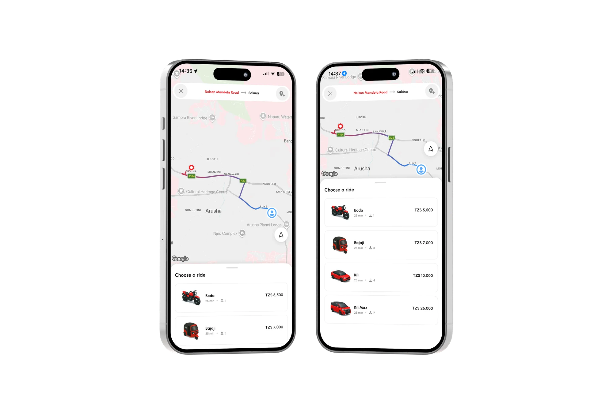 Kiliride route screens presented on two phones