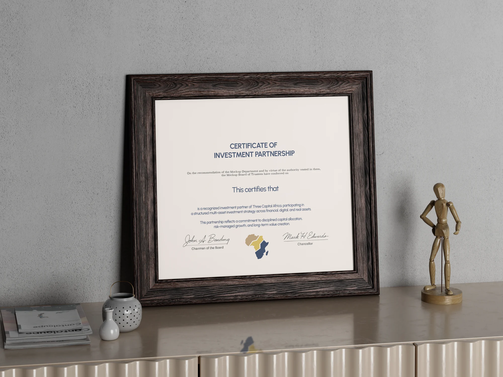 Three Capital Africa brand application mockup